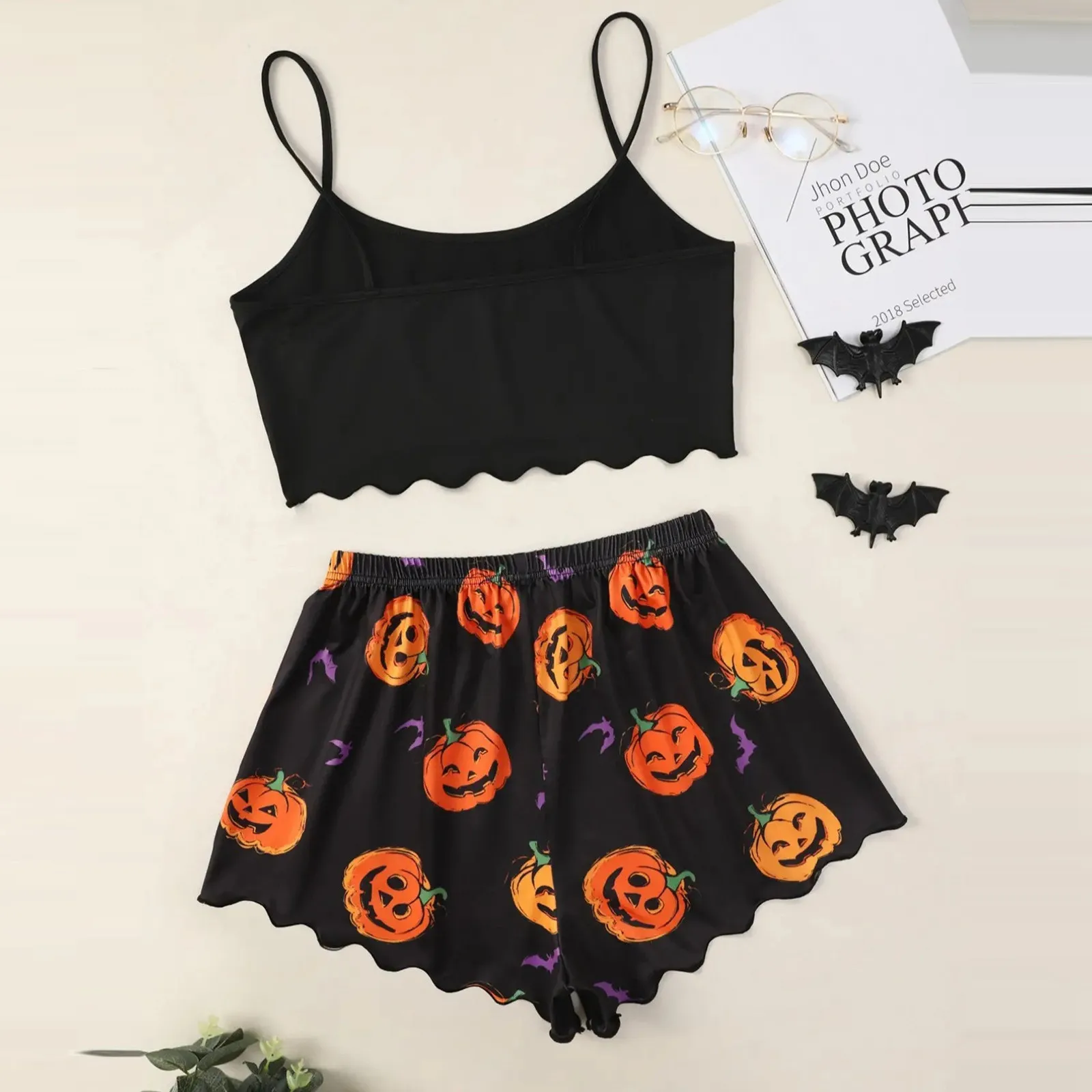 Women Halloween Spaghetti Strap Pajamas Sets Sexy Gothic Pumpkin Print Sleeveless Camisole+Shorts Suit Homewear Underwear Summer