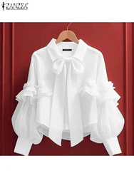 ZANZEA 2025 Women Shirt Fashion Solid Elegant Office Lady Chiffon Blouse Vintage Tie Up Lapel Neck Chic Lantern Long Sleeve Tops