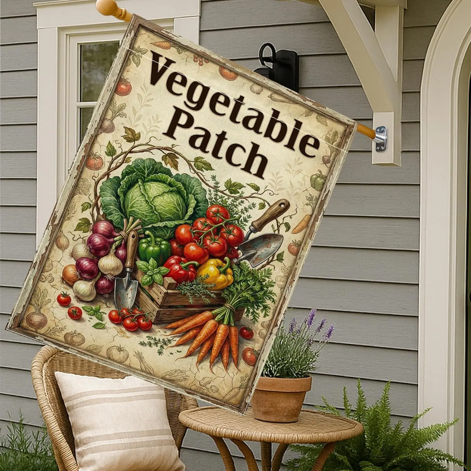 Cabbage House Flag, Rustic Vintage Tomatoes Carrot Harvest Green Burlap Double Sided Outside Large Garden Flag for Outdoor L IIC
