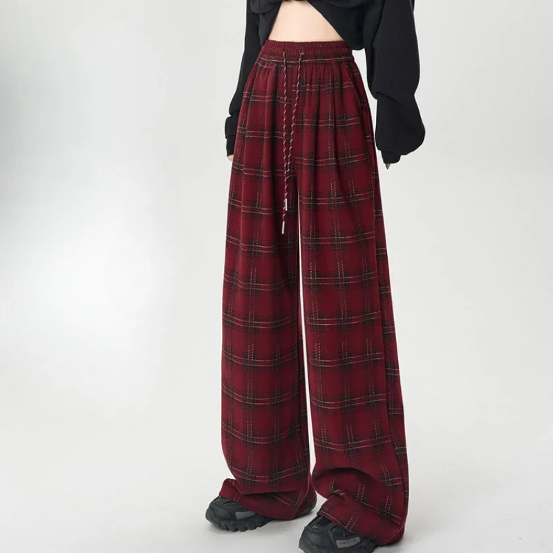 Woolen Plaid Straight Pants for Women Harajuku Autumn Winter Retro Casual Trousers Baggy Elastic High Waist Wide Leg Pants Mujer