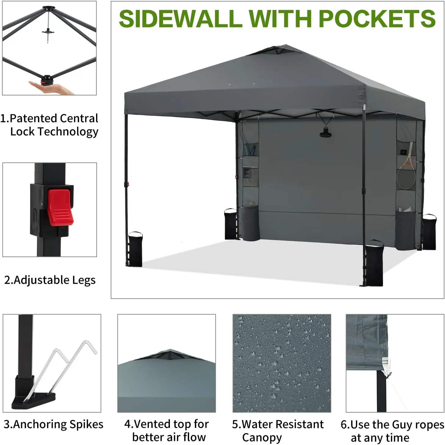 10'x10' Pop Up Canopy Tent with Sidewall and Pockets, Patented One Push, 1-Person Easy Setup, Instant Shade Canopy