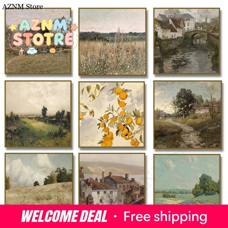 Vintage Trees Garden Wildflower Field Landscape Poster European Canal Architecture Canvas Painting Square Wall Art Home Decor