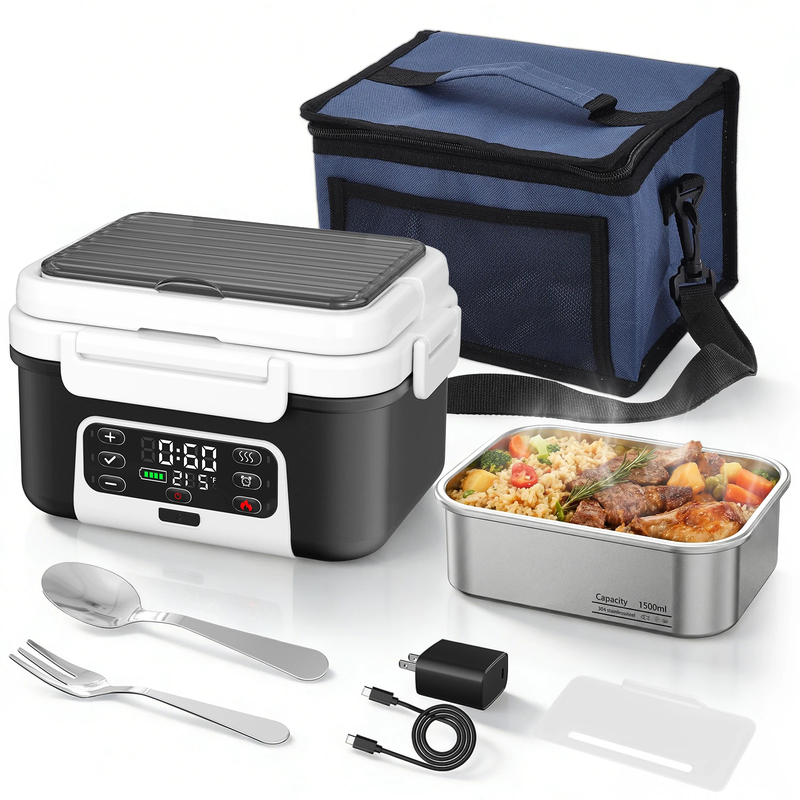 1,5L Große Smarte Elektrische Lunchbox mit Timer, Doppelte Heizmodi, Tragbarer Beheizter Essensbehälter für Büro, Camping