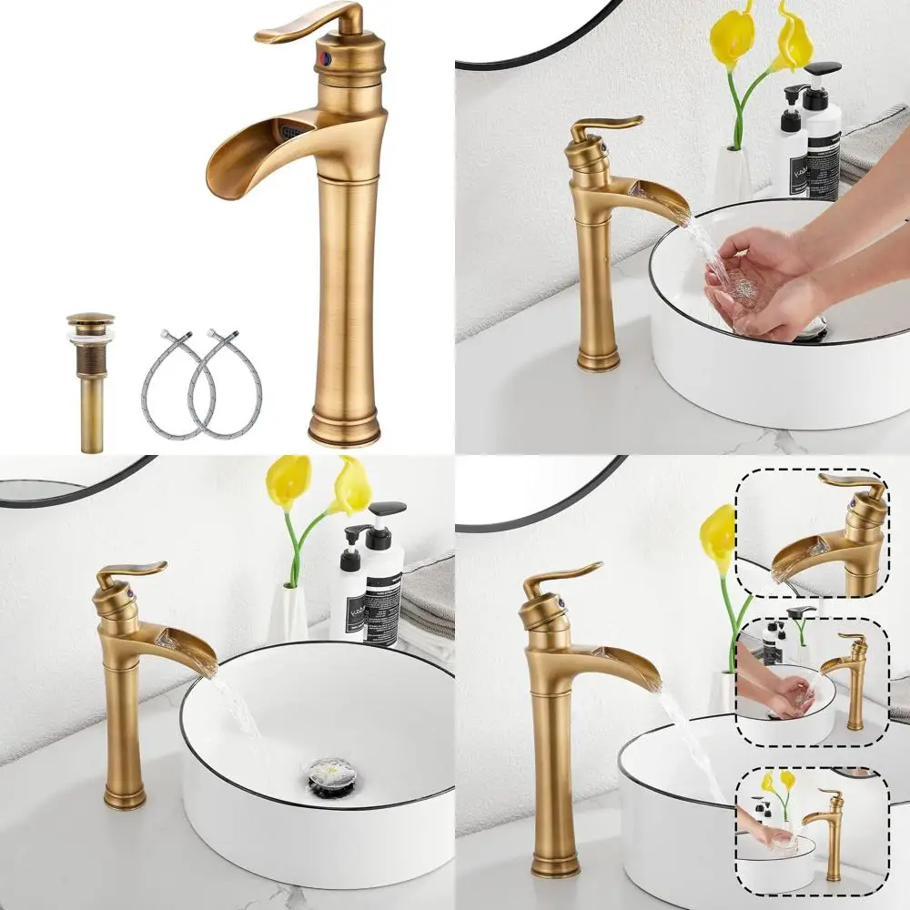 

Vintage Brass Single-Handle Waterfall Faucet for Farmhouse Sink with Pop-Up Drain
