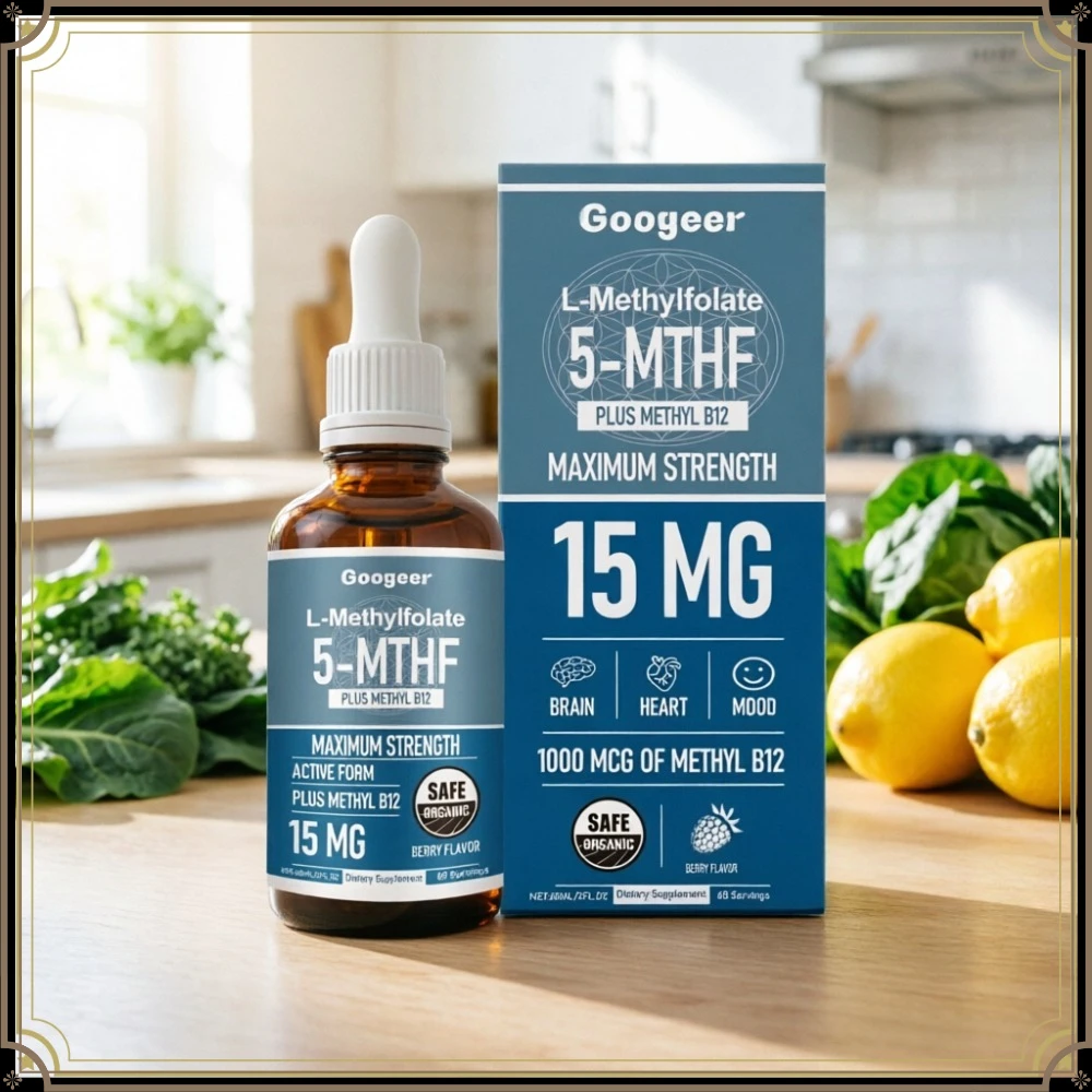 

Googeer L-метилфолат 5-MTHF в жидких каплях с метил-витамином B12 - 15 мг активного фолата для поддержки здоровья мозга, сердца и настроения, вкус ягод, 60 мл