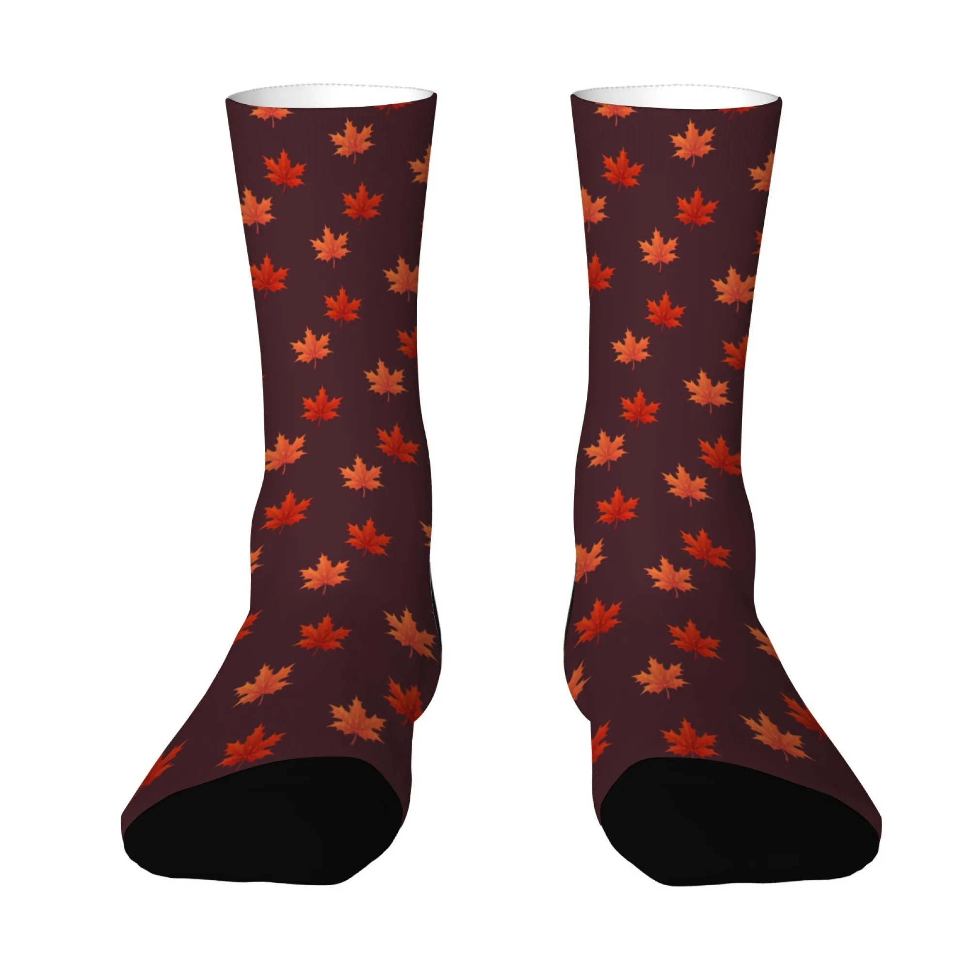 A pair of women's casual mid-calf socks for autumn and winter featuring a fun retro maple leaf pattern sweet and comfortable