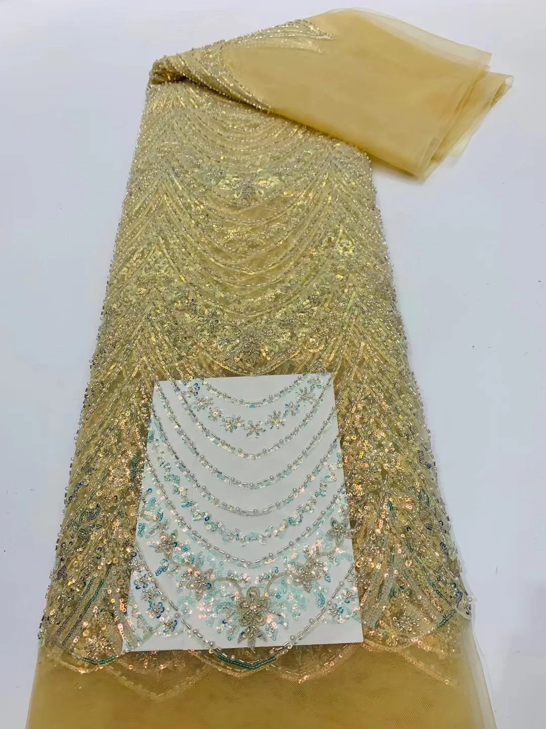 

African Sequin Lace Fabric 2022 High Quality Bead Tube Embroidery Tulle Lace Nigerian Lace Fabric Dress MX5256