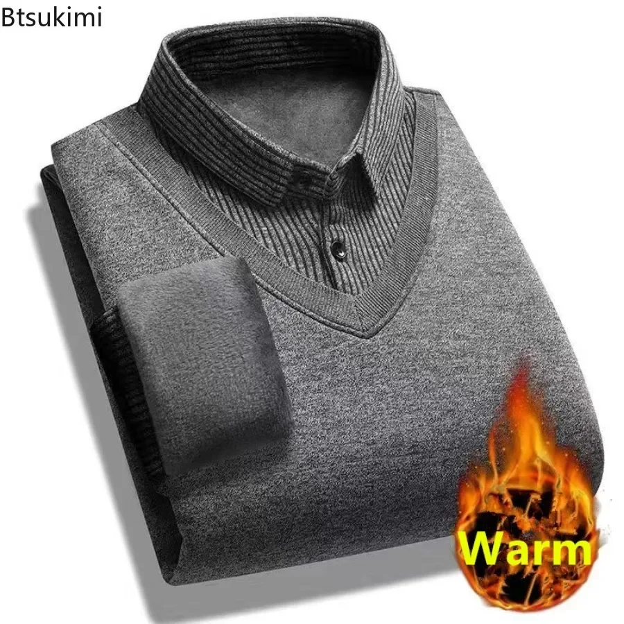 Autumn Winter Fake Two Piece Sweaters Men's Shirt Neck Fleece Thicken Knitted Pullover Business Casual Warm Sweater Tops for Men