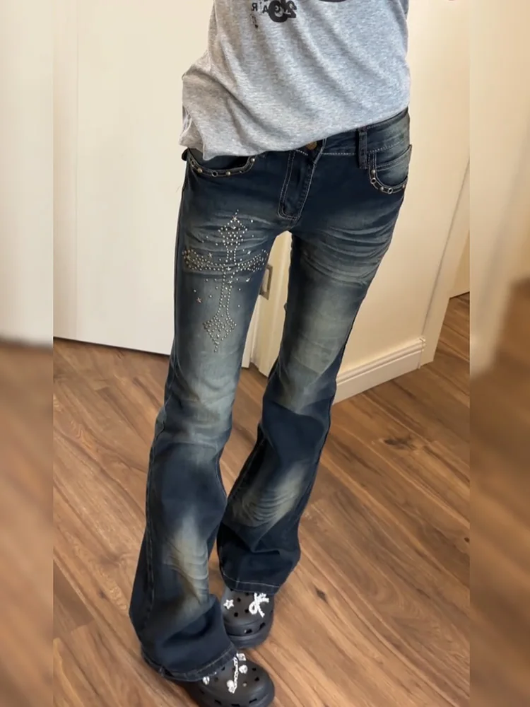 Washed Vintage Low Waist Jeans Women's Slim Fit Bell Bottoms Rhinestone Design Street Style Autumn New Fashion