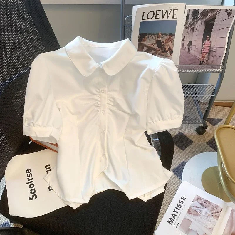 

Kawaii Shirts Women Y2k Summer Pure Harajuku Puff Sleeve Preppy Style Cute Peter Pan Collar College Tunic Lace-up Mujer Blusas