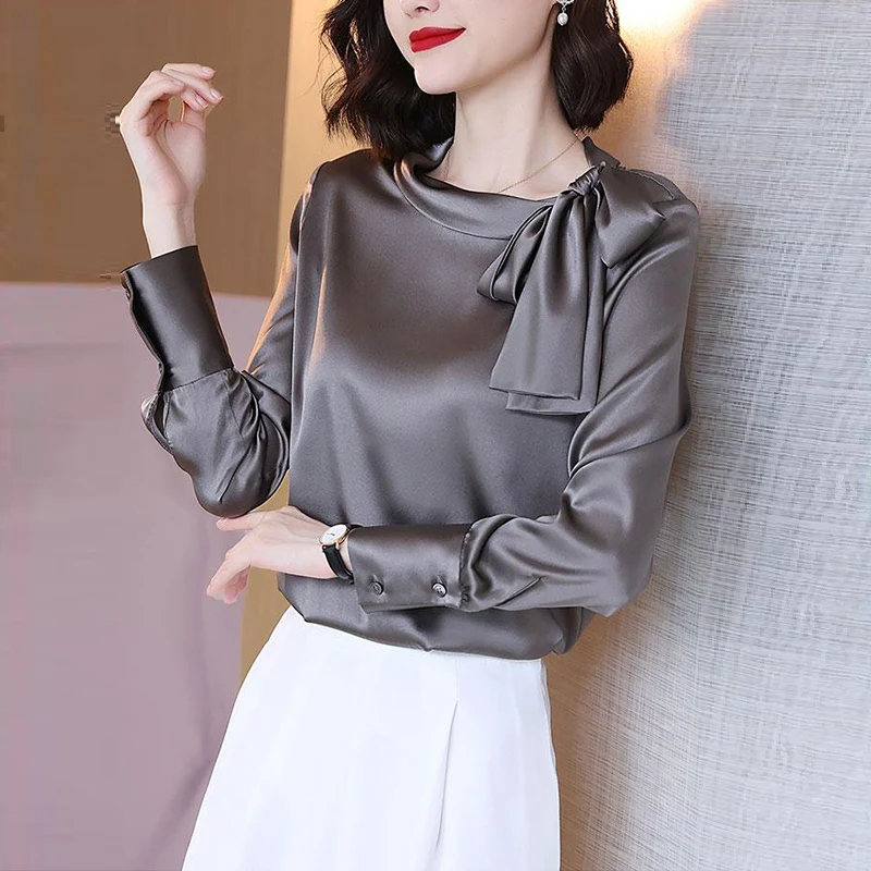 Summer Autumn Office Lady Satin Solid Elegant Fashion Bow Shirt Women Long Sleeve Temperament Bottoming Blusa All-match Blouse