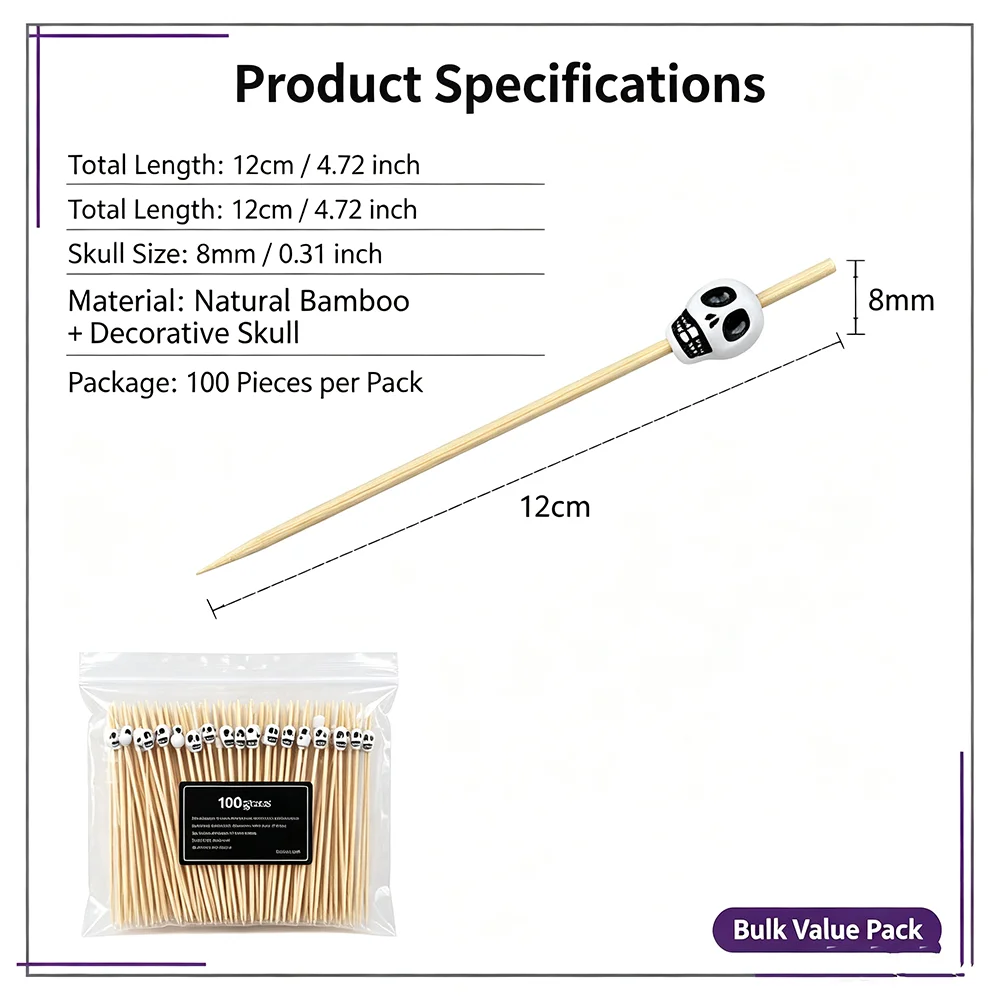12cm Bamboo Cocktail Picks with 8mm White Skull Toppers Skeleton Fruit Toothpicks Halloween Day of The Dead Party Food Picks - view 3