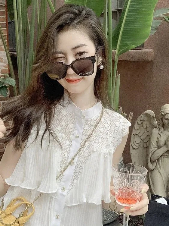 Elegant Hollow out Color Chiffon Shirt Women's Sleeveless Summer New Style Fashion Design Slim Fit Versatile Top