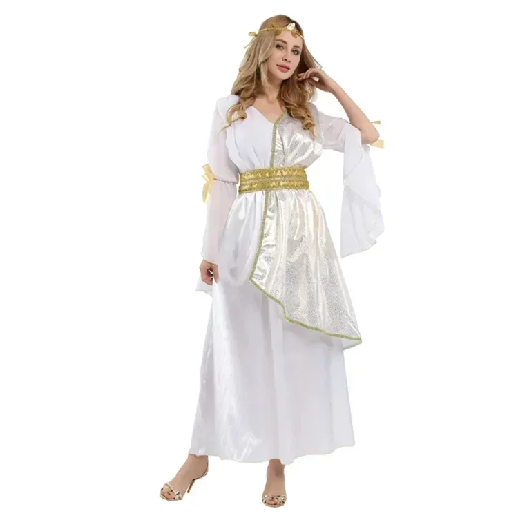 

2025 Costumes de Cosplay de déesse grecque Athéna pour Halloween, robe avec ceinture, couvre-chef pour femmes adultes