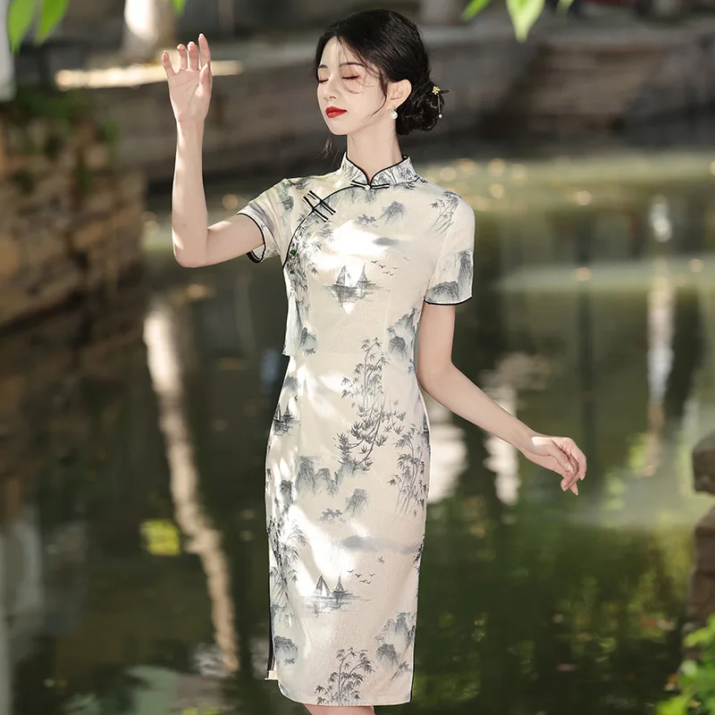 Jiangnan Water Town Gentle Elegant Girl Summer New Linen Stand Collar Cheongsam Daily