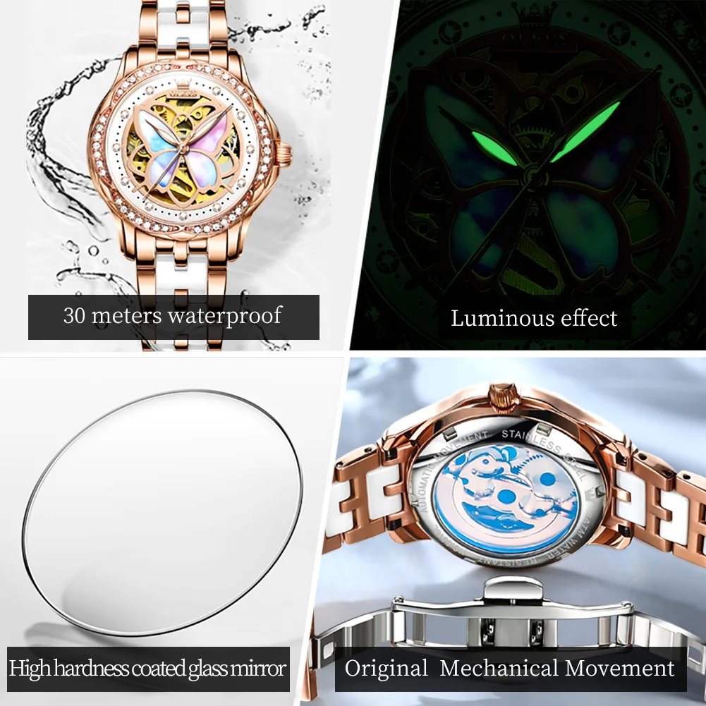 OLEVS Brand Luxury Ceramics Mechanical Watch for Women Fashion Waterproof Luminous Hands Skeleton Automatic Hollow Watches Women