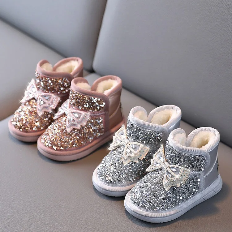 

Winter Girls Snow Boots Glimmer Rhinestone Bowknot Thick Fur Kids Short Boot Warm Beautiful Stylish Slip-on Children Shoes 21-30