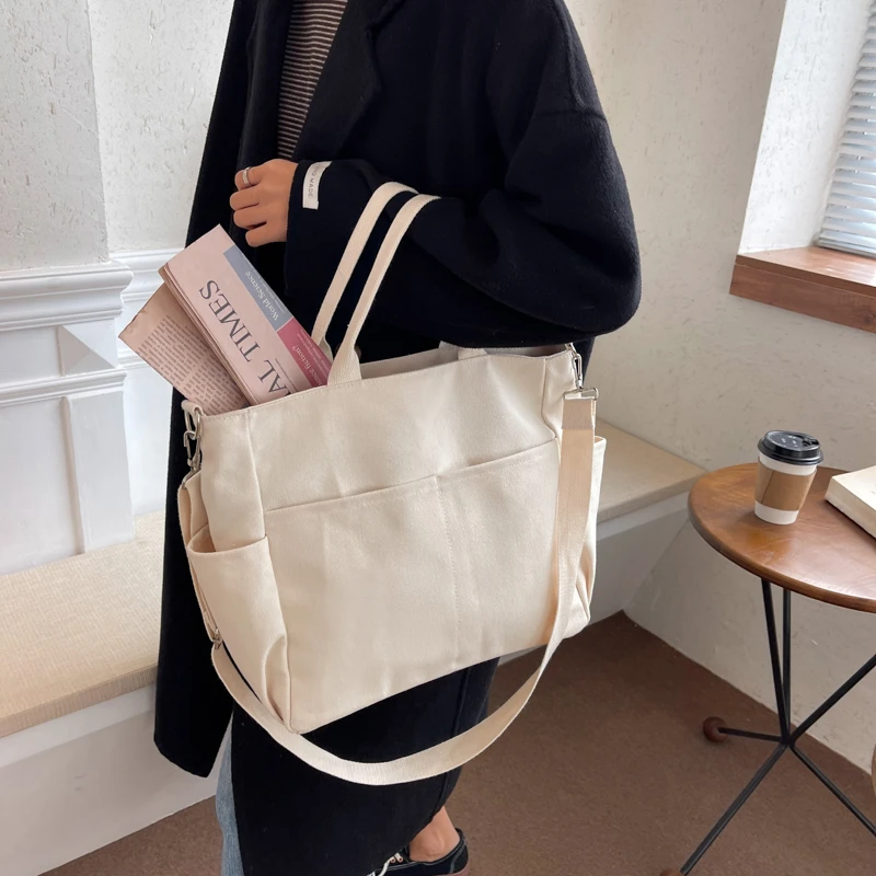 Ins Lazy Wind Canvas Big Bag, New Korean Version Of The Single Shoulder Crossbody Bag Female Simple Literary Solid Color