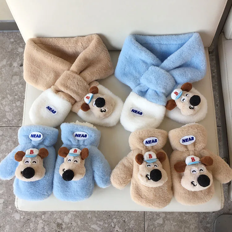 

Новый зимний детский шарф, перчатки, комплект, теплый утолщенный мультяшный меховой утеплитель для шеи для мальчиков и девочек