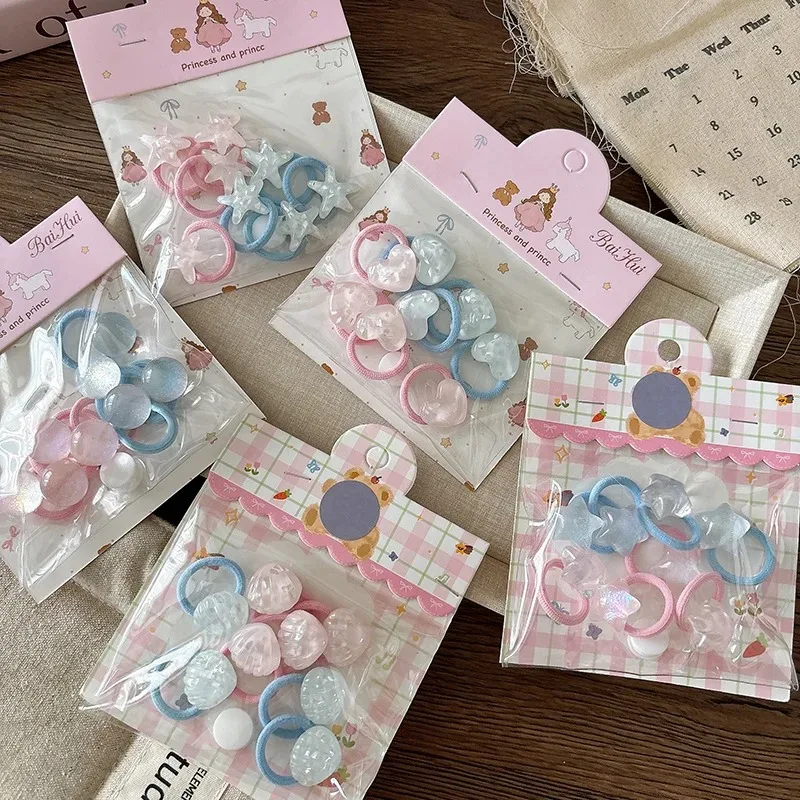 

8pcs Transparent Thumb Ring Hair Ties Blue Pink Cute Cartoon Hair Rings for Kids Heart Hairbands Girls Braiding Accessories