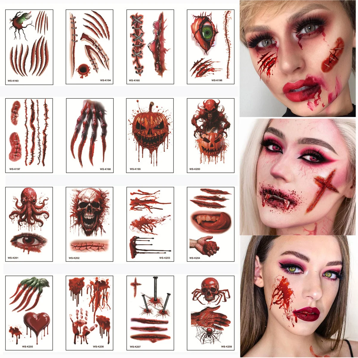 

Halloween Face Stickers Waterproof Temporary Tattoos Pumpkin Scar Bleeding Wound Tattoos for Party Scary Fake Tattoo for Women