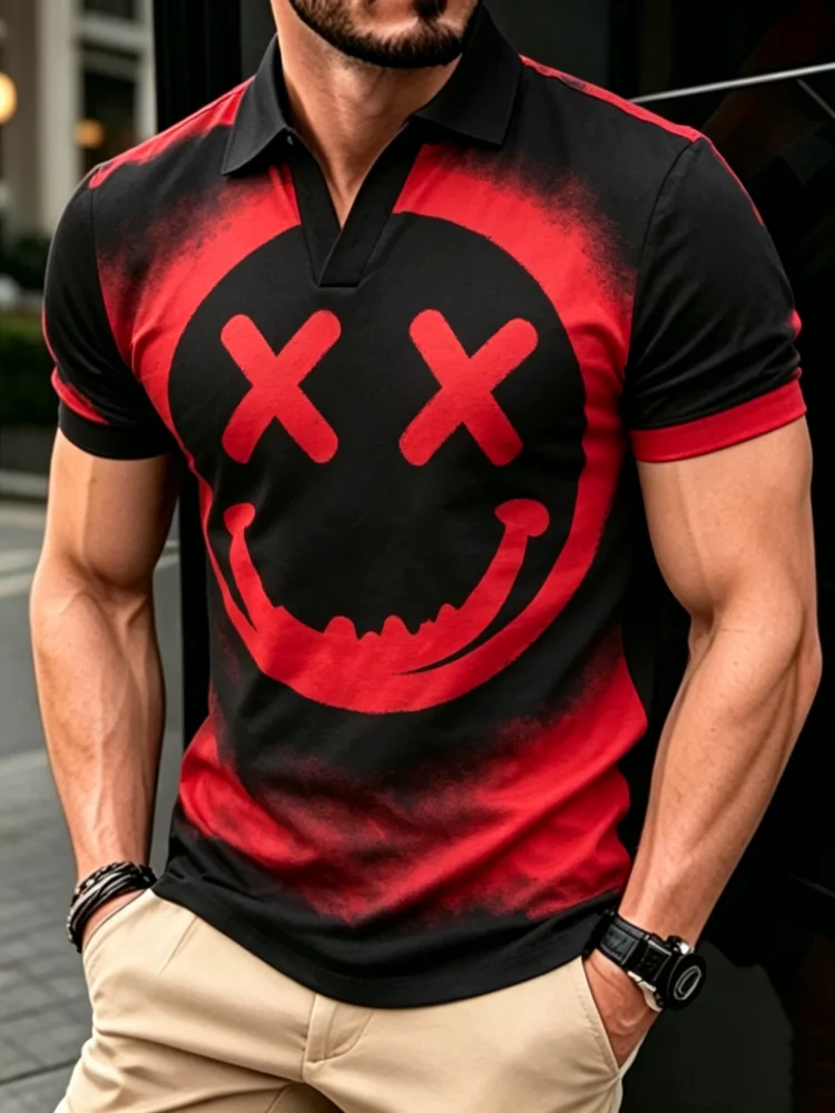Men's Slim Fit Polo Shirt, X Eyes Smiley Print Short Sleeve Casual Top with Body-Hugging Lines