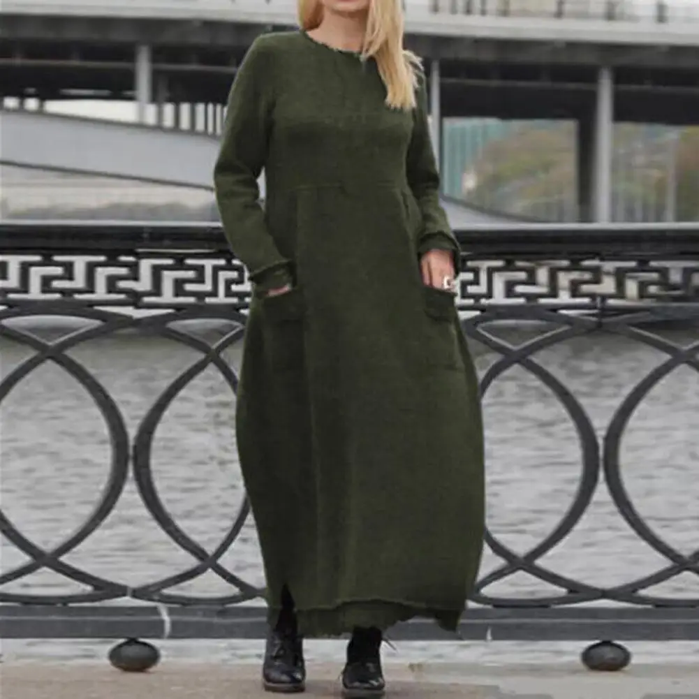 Lady Sweatshirt Dress Loose Fit Fleece Long Sleeve Round Neck Pockets Maxi Dress Solid Color Lace Trim Pullover Dress For Daily