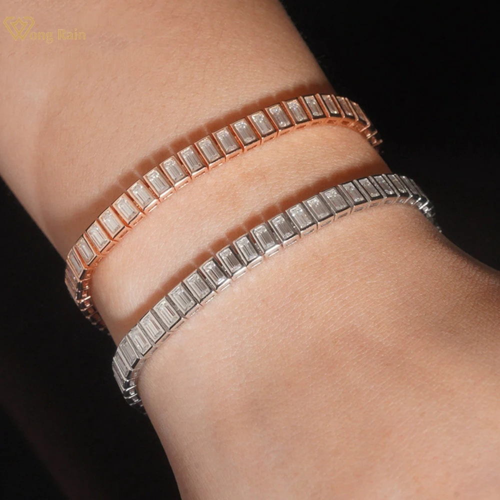 

Wong Rain Personality 925 Sterling Silver VVS1 3EX Emerald Cut 2*4MM Real Moissanite Diamonds Gems Bracelets Bangle Fine Jewelry