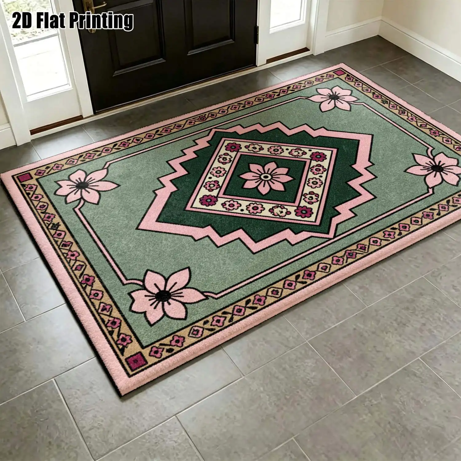 1Pc 2D Printed Carpet: Pink-Green Retro Floral & Geometric Patterns Multi-Scene Use, Multiple Sizes, Machine Washable, Home Decor Choice.