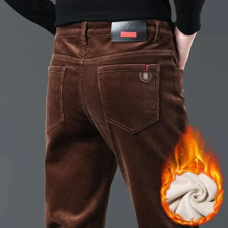 Men's Corduroy Pants Winter Thick Lining Plush Warm Business Straight Casual Pants Korean Slim Casual Pants Black Navy Blue