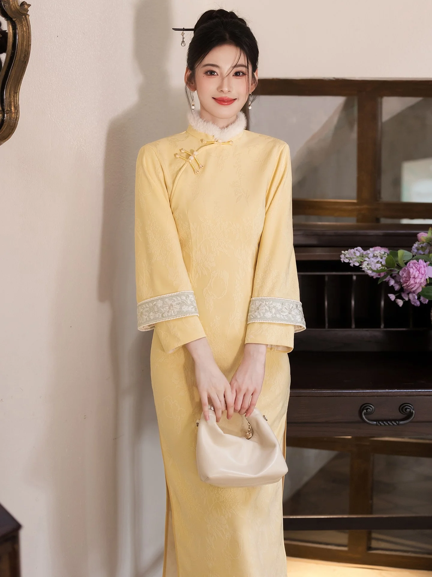 

Желтое зимнее теплое платье-ципао с флисовой подкладкой, улучшенное традиционное китайское дышащее платье с длинными рукавами