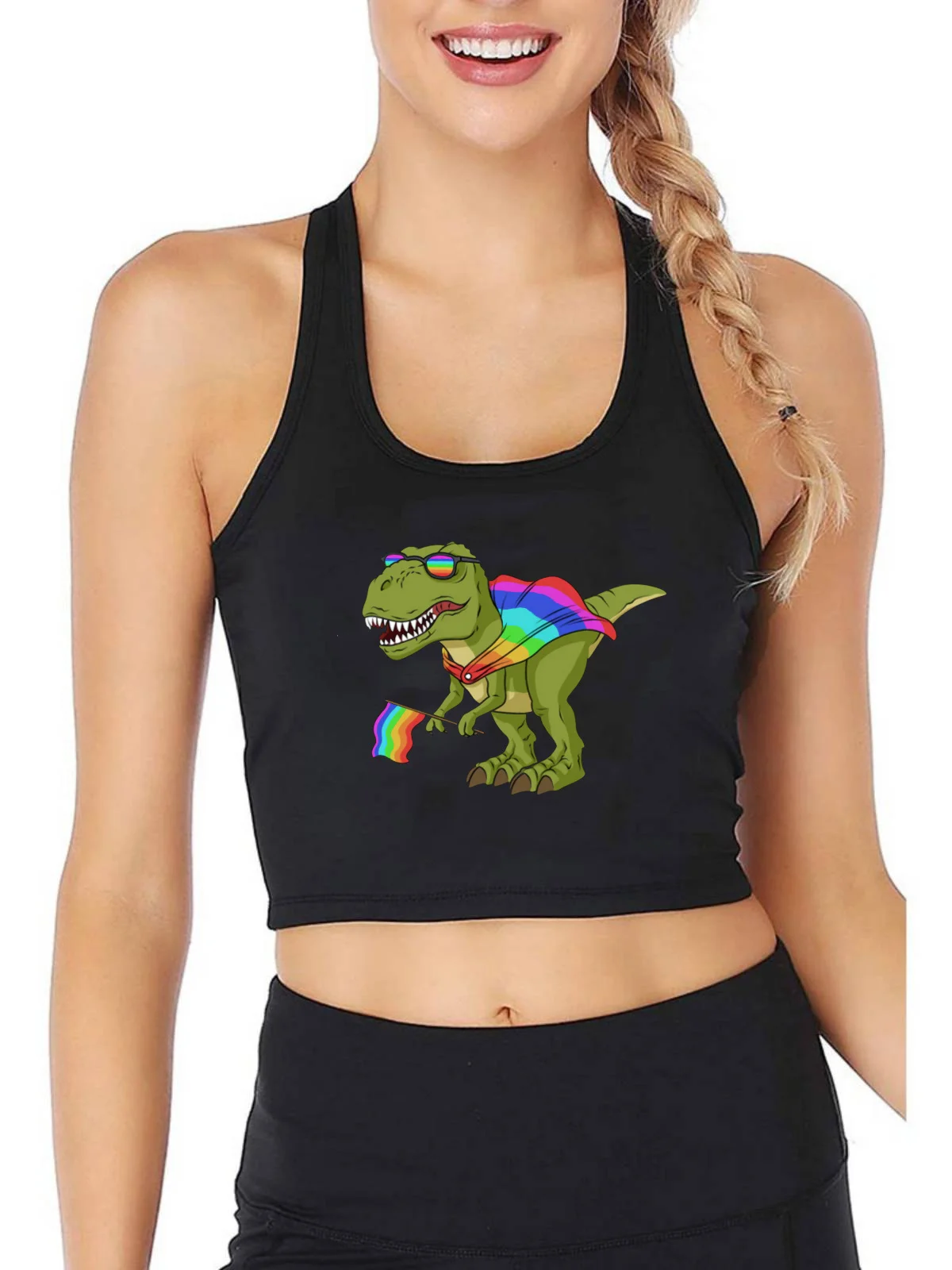 LGBT Dinosaur In Rainbow Cape Holding Rainbow Flag Design Crop Top Women's Pride Month Essentials Tank Top Summer Camisole