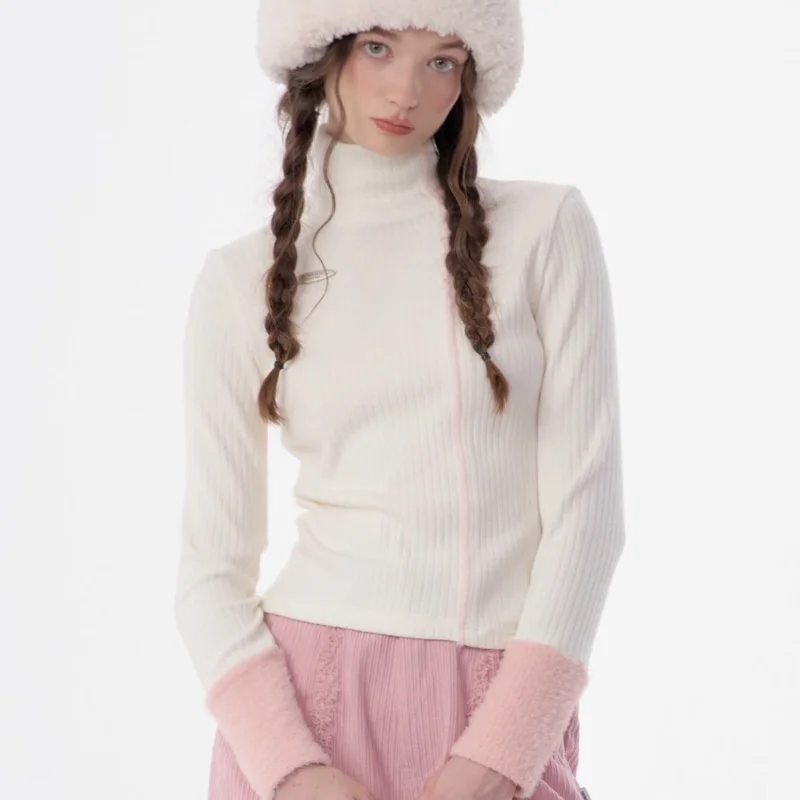 

Retro Contrast Color Splicing Design Long-sleeved Slim-fitting Half Turtleneck Knitted Bottoming Shirt