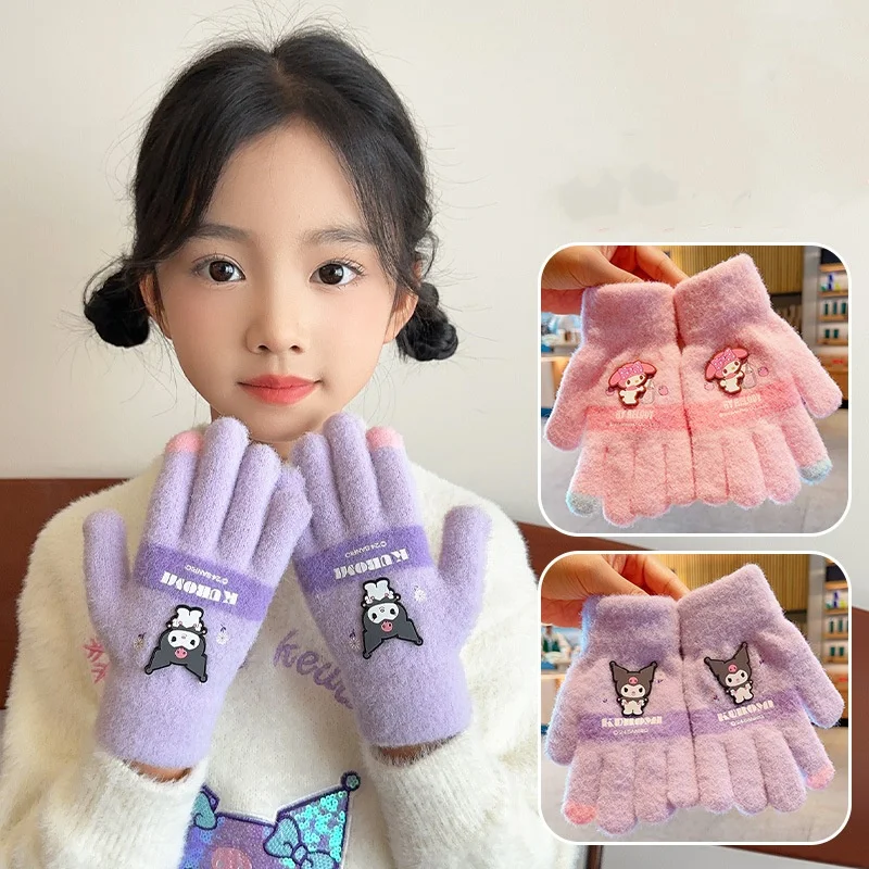 Kawaii Sanrio Hello Kitty Gloves Kuromi My Melody Cold-Proof Winter Finger Gloves Plush Screen Touch Warm Children Toddler Gifts