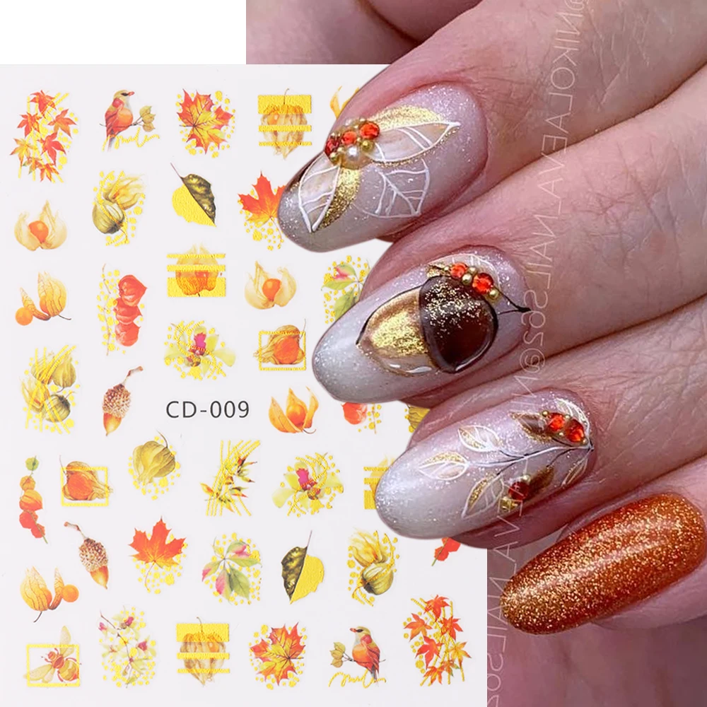 2022 Autumn Nail Stickers Gold Maple Leaf Acorn Plants Sliders Sunflower Daisy Decoration Decals Manicure Accessories NTCD09-16