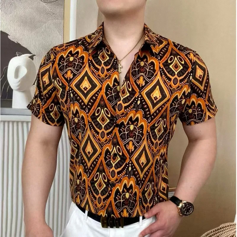 

2026 Summer Vintage Printed Short Sleeved Shirt for Men High Quality Social Business Casual Shirt Beach Vacation Hawaiian Shirts