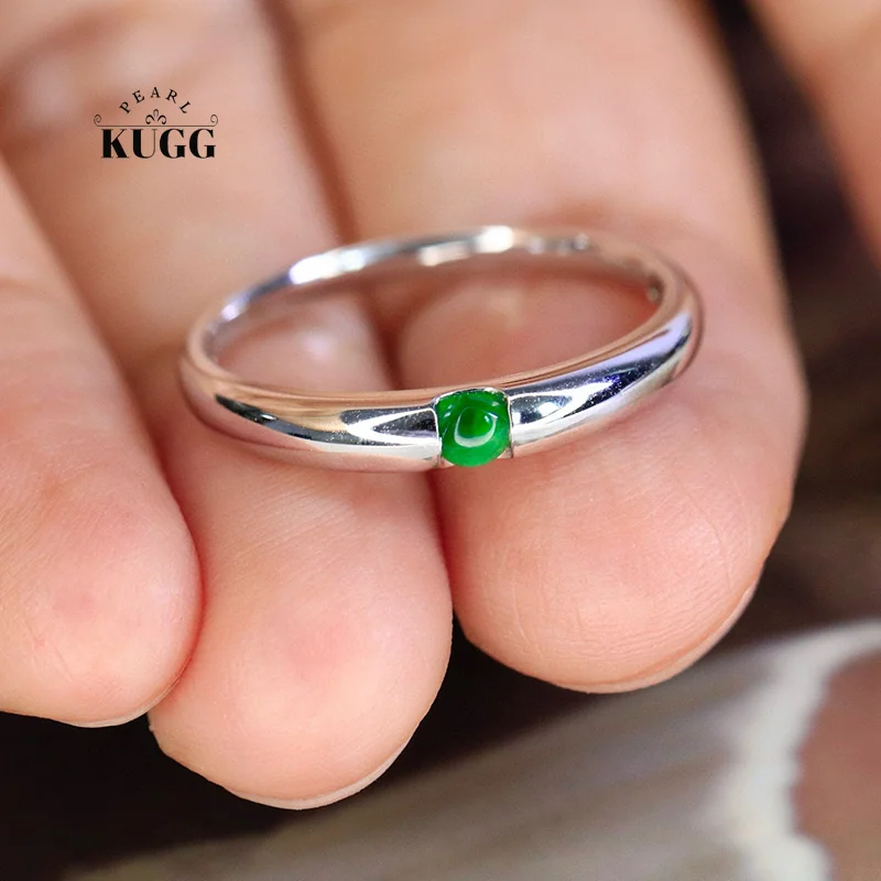 

KUGG 100% 18K White Gold Rings Fashion Simple Style Natural Jade Cocktail Ring for Women Anniversary Gift Fine Gemstone Jewelry