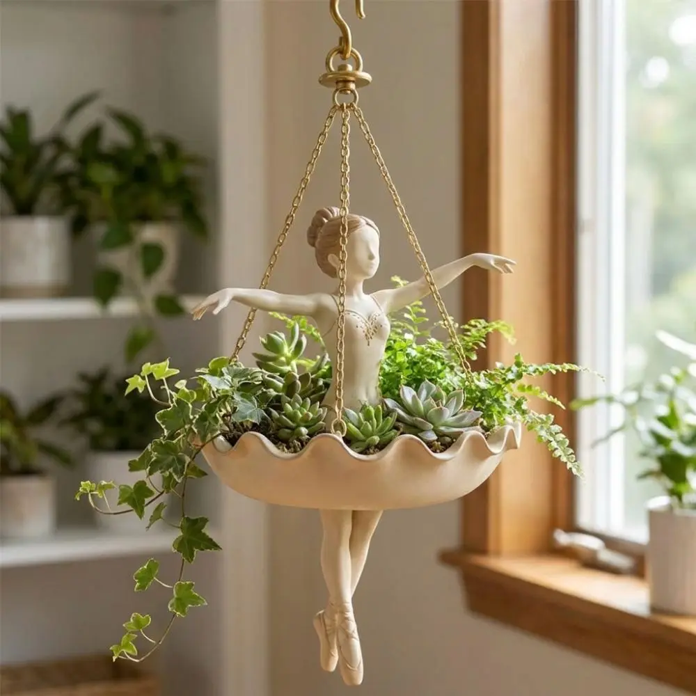 Resin Ballet Dancer Hanging Planter Whimsical Elegant Ballerina Figure Girl Hanging Plant Basket Hand Carved UV Resistant