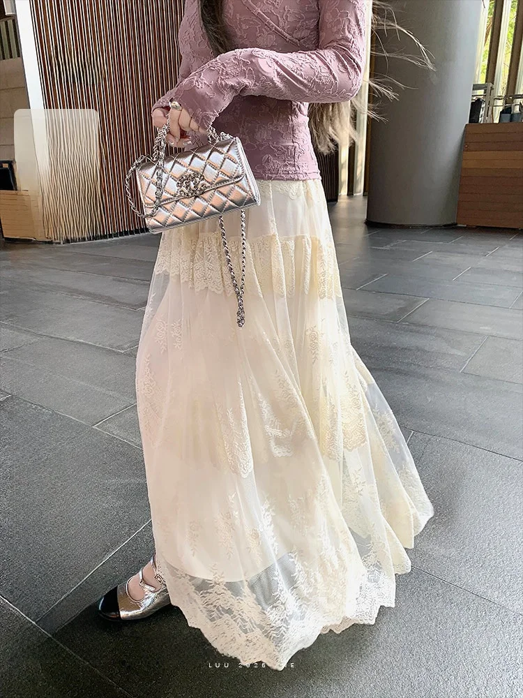 

Luu Lace A-Line Embroidered Half Skirt Women's Spring Autumn Loose Long Skirt Elastic Waist Design Sense Casual Skirts