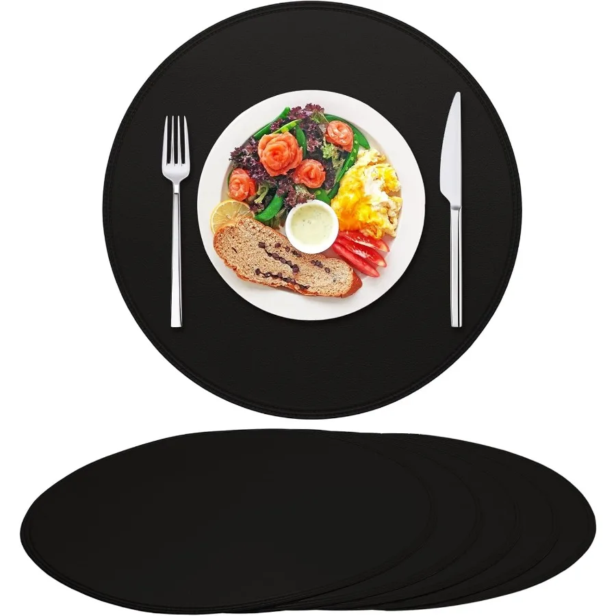 

Round Vinyl Black Placemats Set of 6 Faux Leather Waterproof Wipeable Heat Resistant Place Mats Washable Table Mats for Hallowe