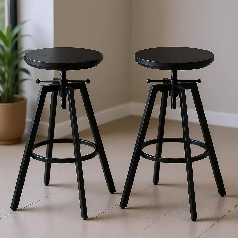 

Industrial Style Adjustable Height Bar Stools, Set of 2, Metal Frame, Suitable for Kitchen or Dining Room, Black