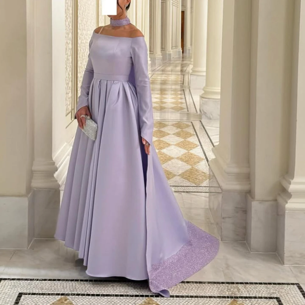 

Customized lavender Draped Boat Neck Jersey A-line Evening Dresses Sequined High Neck Sweep Train Pageant Party Gowns