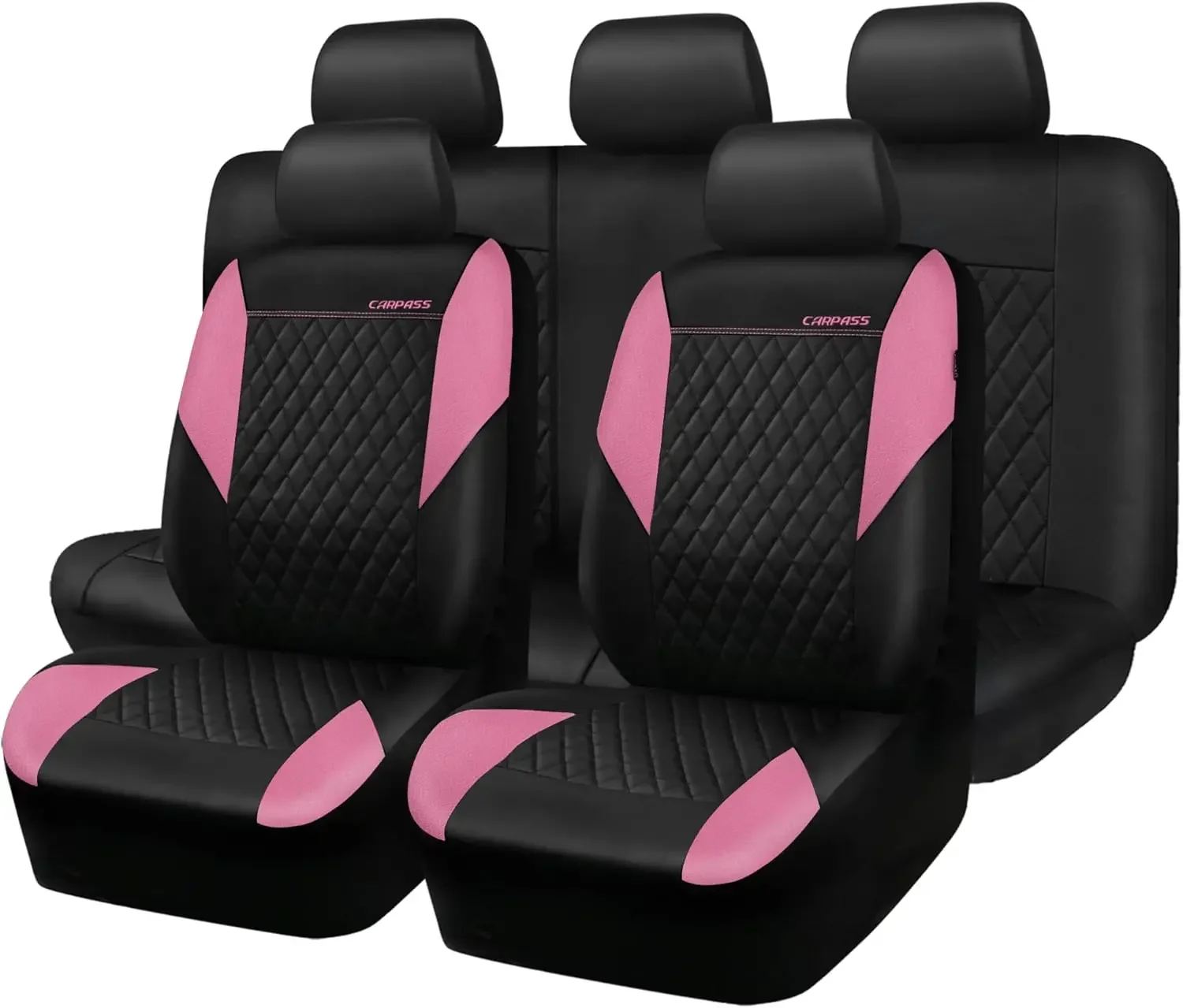 

Pink Leather Car Seat Covers, Girly Quilting, Airbag Compatible, Universal Fit for Sedan SUV Vans (Full Set)