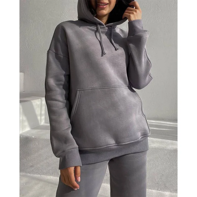 Front Pocket Casual Solid 2 Piece Pants Set Thick Hoodies Sweatshirts Outwears Winter Women Clothing Hood Outfits Warm Clothes