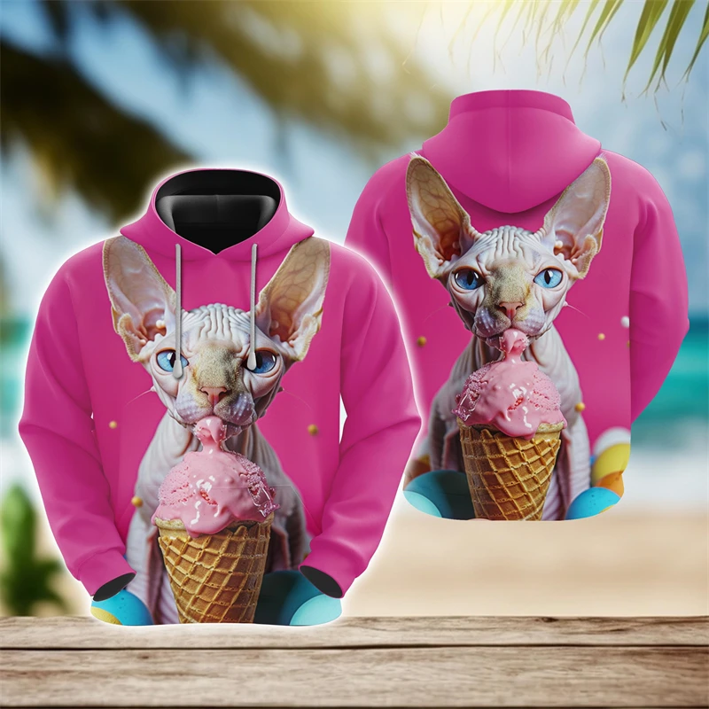 Pink Cute Cats 3D Printed Hoodies For Women Clothing Cat Lovers Ice Cream Sweatshirts Y2k Female Hoody Autumn Unisex Hoodie Tops