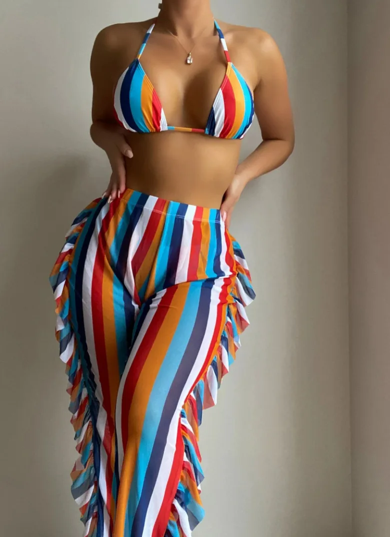 

Yiiciovy Women's Bikini Sets Sexy Swimsuits Colorful Striped Halter Padded Bra Bottoms Ruffles Cover-Ups Pants Bathing Suit Set