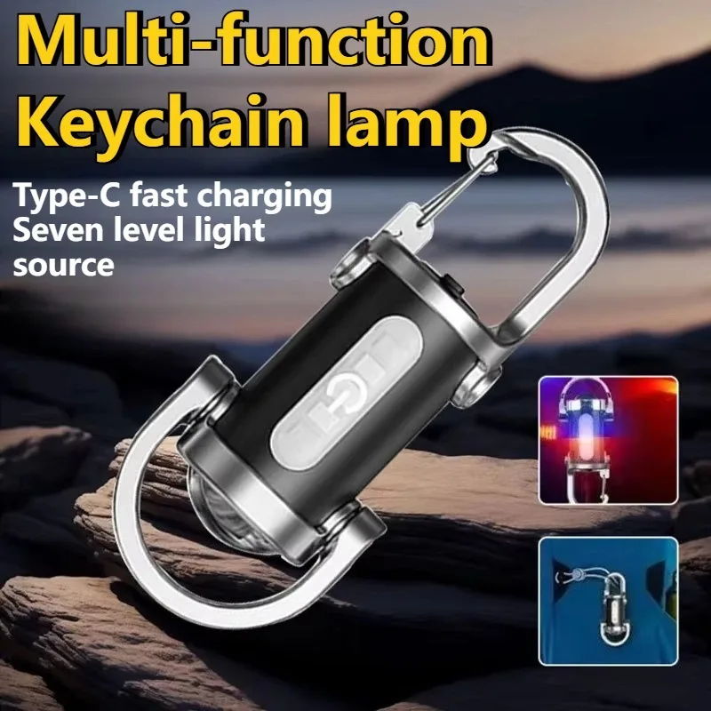 Mini chaveiro lanterna cob luz de trabalho tipo-c recarregável ao ar livre gancho luz de advertência de emergência para acampamento caminhadas caminhadas