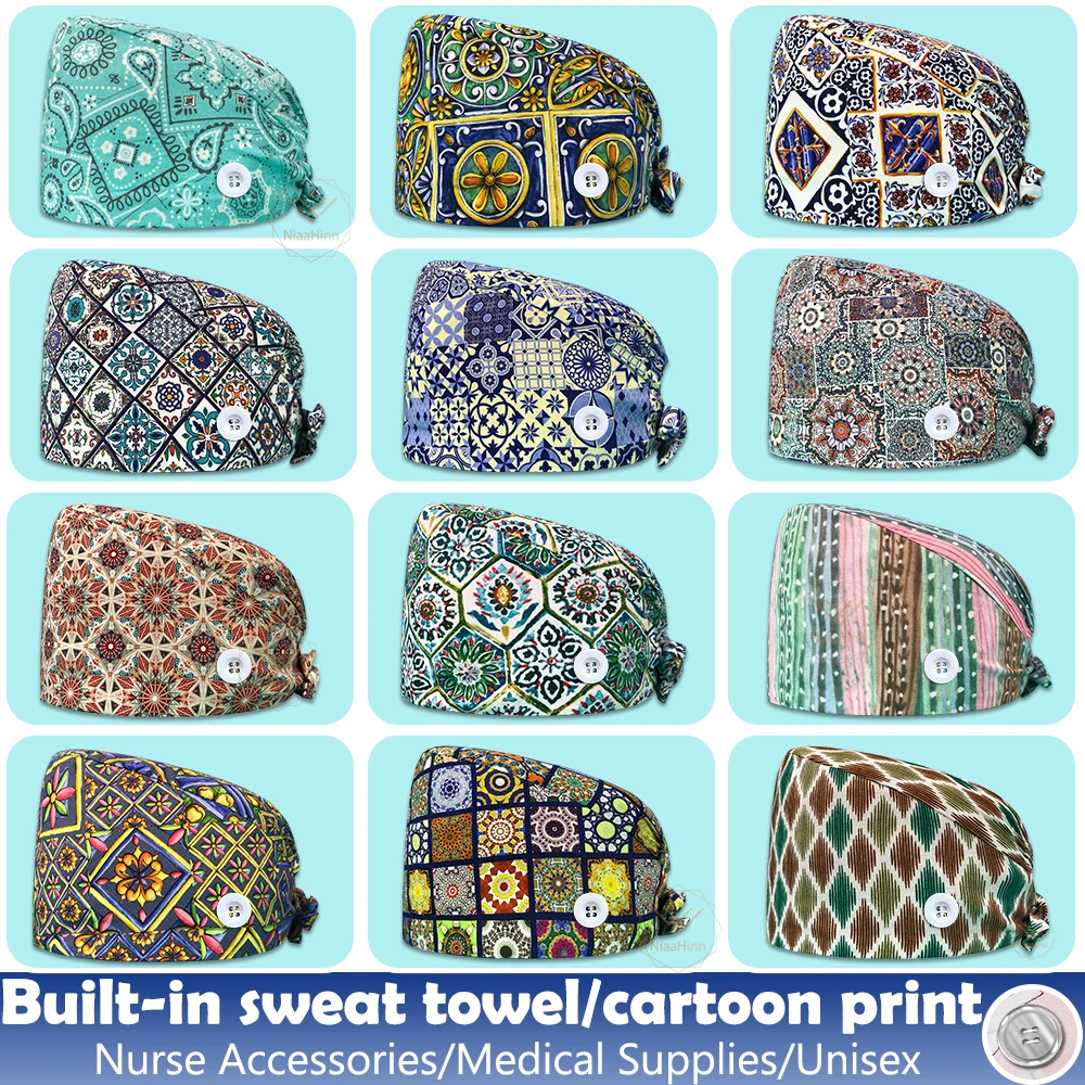 New Anime Printing Pet Working Nursing Cap Scrubs Caps Button Cotton Adjustable Pet Health Surgery Hat Nurse Uniform Accessories