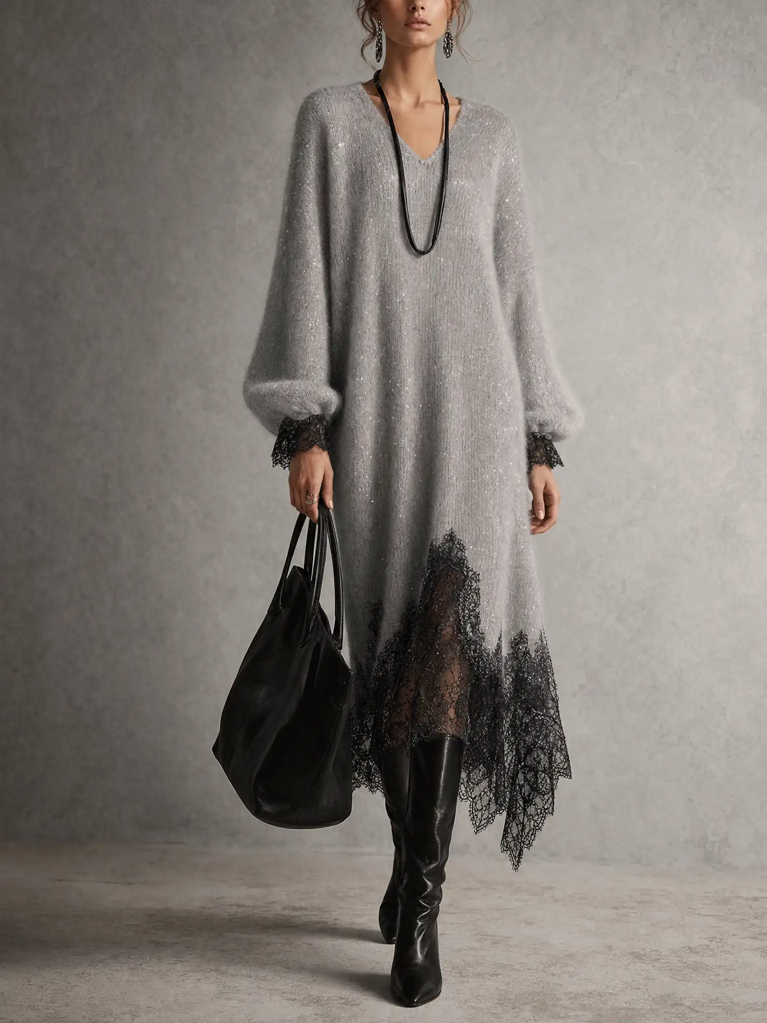 Vintage Loses Damen-Strickkleid in Grau mit Pailletten, V-Ausschnitt, Laternenärmeln, Spitzenbesatz und Unregelmäßigem Saum, Lässiges Party-Midikleid