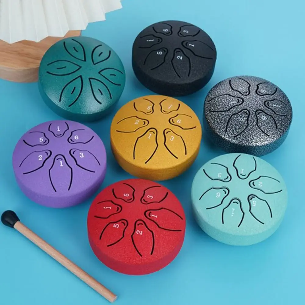 6-Tone Steel Tongue Drum Set 3 Inch Multicolour Mini Hand Pan Drums with Drumsticks Hollow Meditation Drum Yoga